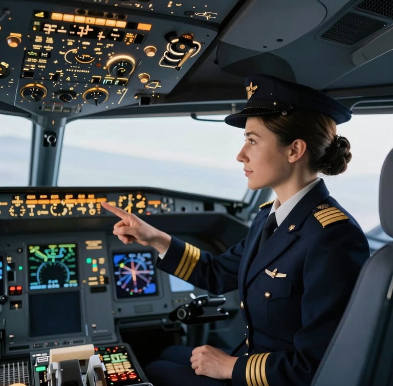 Immaculate pilot instructor in uniform pointing at flight deck instruments inside an advanced commercial flight simulator. Sharp focus, warm cockpit lighting, luxury editorial style.