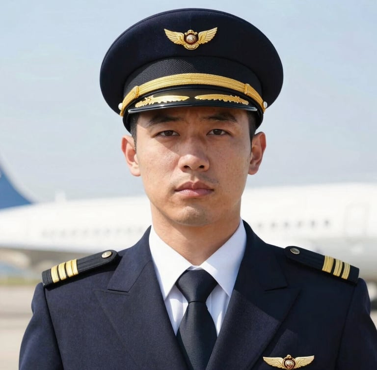 A sharp medium-close-up portrait of an immaculate commercial airline pilot in full uniform with gold epaulets, looking forward with direct eye contact, bright crisp daylight, 35mm.