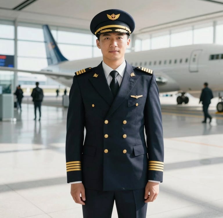 Crisp editorial portrait of a professional commercial pilot in immaculate uniform, sharp golden insignia, standing in a bright modern airport terminal, natural daylight, 35mm.