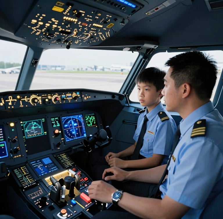 Crisp editorial shot of an advanced flight simulator cabin with glowing avionics screens, a student and instructor captain in sharp uniform focused on the controls, soft blue light.