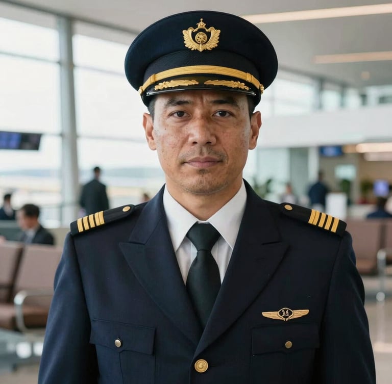 An authoritative medium-close-up portrait of an active airline captain in an immaculate uniform with gold stripes, looking directly at the camera. Bright crisp daylight, modern airport terminal lounge background, sharp focus, 35mm.
