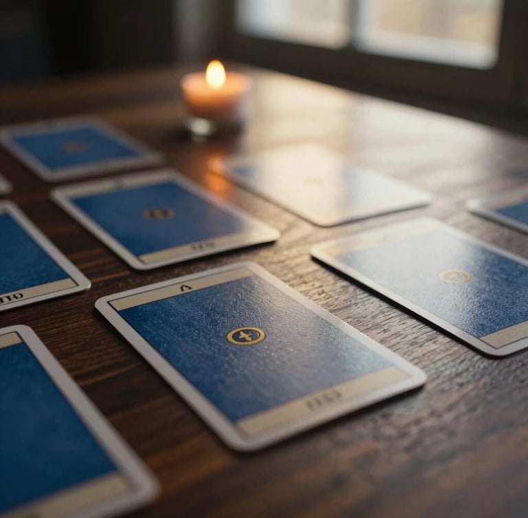 Moody editorial photography, close-up of beautifully textured minimalist tarot cards laid out on a dark walnut table, soft golden-hour window light, shallow depth of field, 35mm