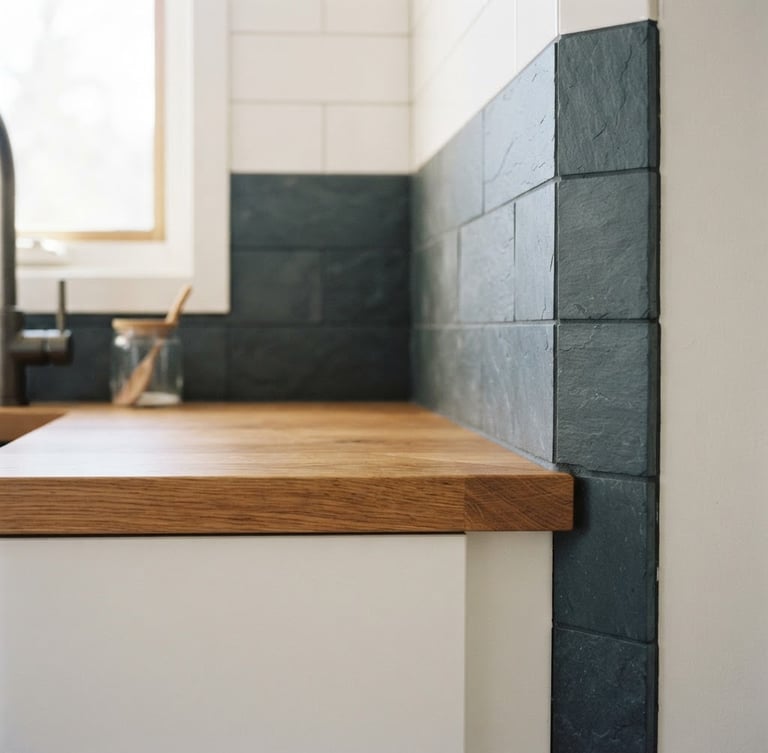 Straight-on architectural detail shot of a newly renovated kitchen corner, clean oak wood joints meeting deep slate grey tiles, bright natural window daylight, sharp focus, 35mm