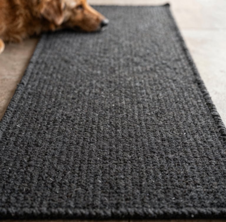 Floor-level close-up of a dog resting on a charcoal wool runner, soft afternoon light highlighting the thick tactile weave, shallow depth of field.