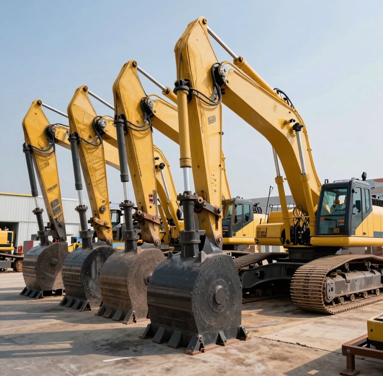 Wide panoramic shot of heavy machinery hydraulic cylinders and massive yellow excavator arms, bright daylight, high contrast, industrial machinery focus.