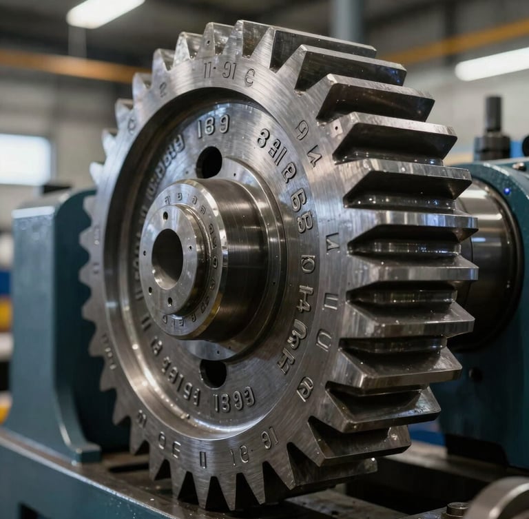 Macro shot of high-contrast heavy machinery gears with engraved serial numbers, industrial warehouse lighting, cold steel tones.