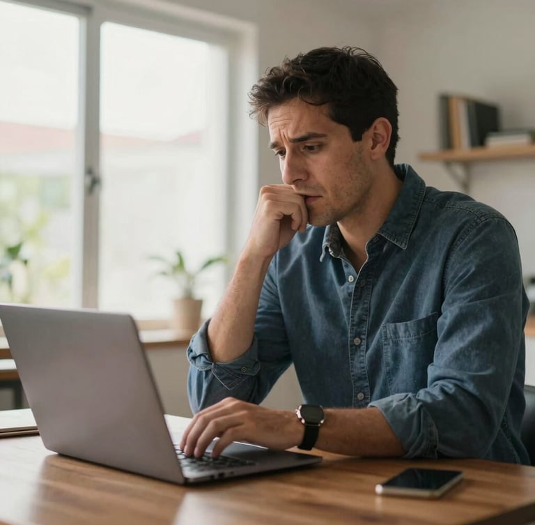 Medium shot of a Colombian professional in a bright, daylight-filled home office looking at a laptop with a look of relief and accomplishment.
