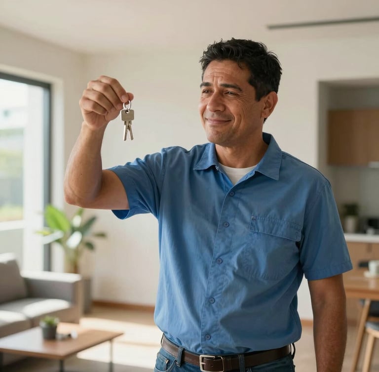 Medium shot of a Colombian worker in his 30s holding keys in a bright, sunlit modern apartment, looking relieved and smiling, warm natural daylight.