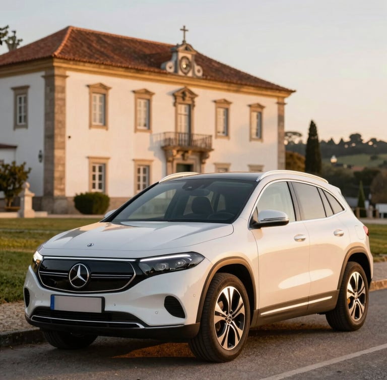 A pristine Mercedes Benz EQA250 parked in front of a historic Portuguese estate under warm golden hour light, showcasing modern luxury.