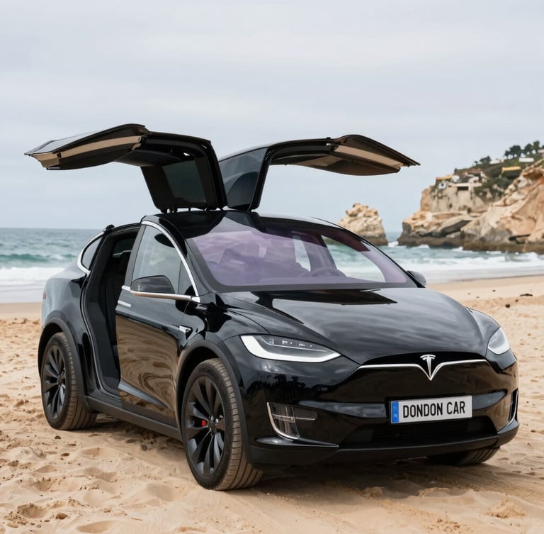 A pristine Tesla Model X parked overlooking the scenic Douro Valley at golden hour, warm natural light, shallow depth of field