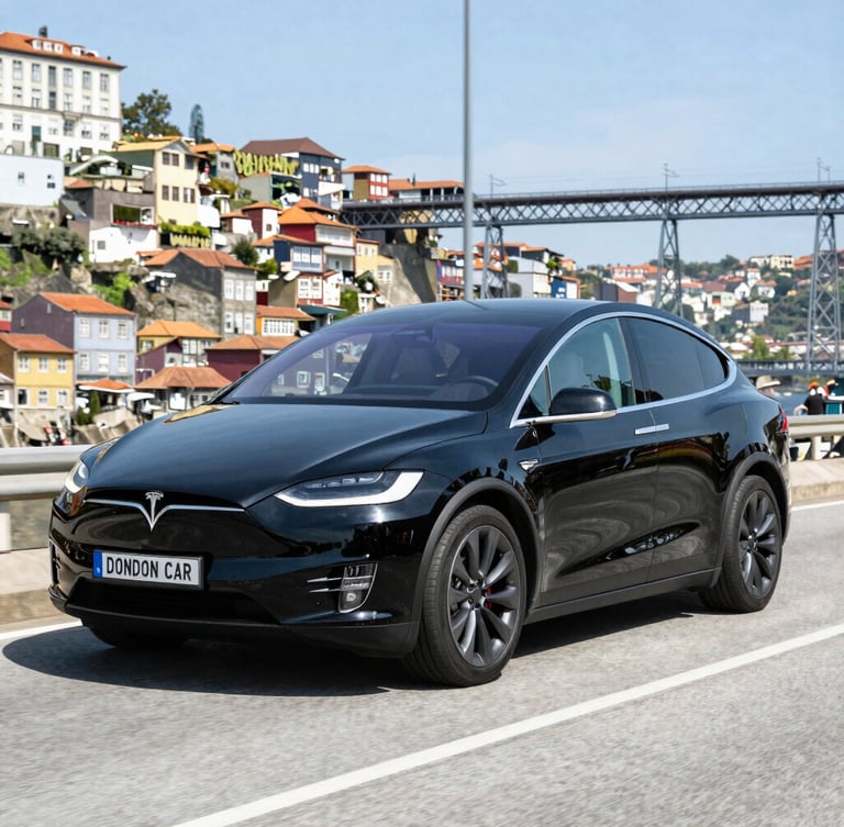 A pristine dark blue Tesla Model X parked on a cobblestone street in Lisbon during golden hour, historic architecture in the soft-focus background.