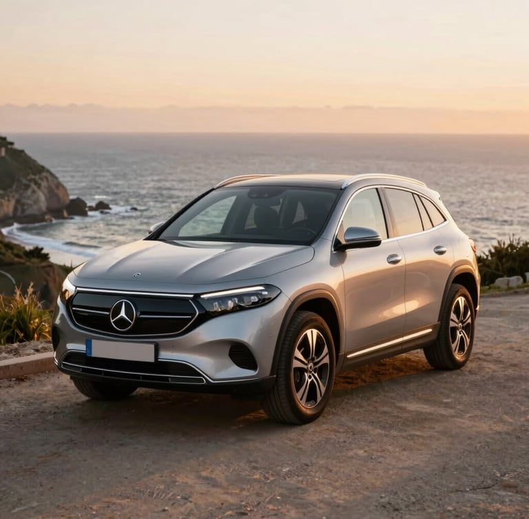 A sleek silver Mercedes Benz EQA250 parked near a coastal viewpoint in Sintra, warm sunset light reflecting on the polished chassis, Atlantic ocean in the background.