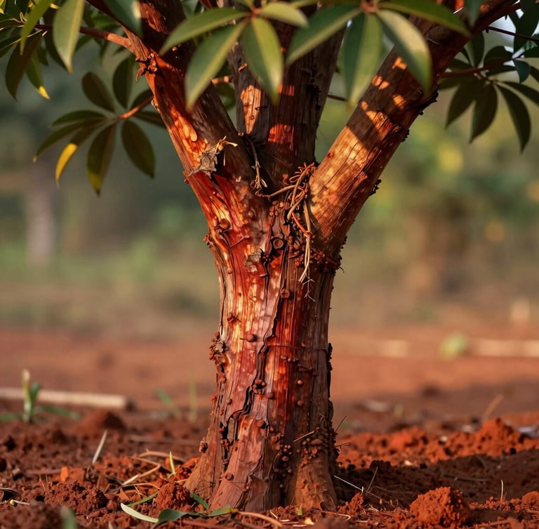 Close-up of a young red sandalwood tree trunk, rich textured bark with green leaves catching warm golden sunlight, fertile red soil visible at the base.