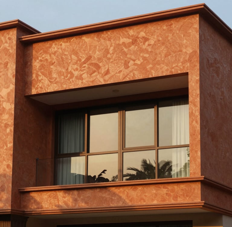Architectural close-up of a luxury villa facade in Andhra Pradesh, warm golden hour light reflecting off terracotta walls and large glass windows.