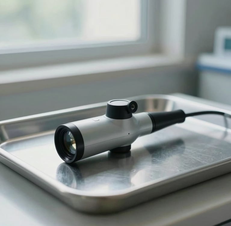 A modern, high-quality otoscope resting on a clean medical tray, soft natural daylight filtering through a window, shallow depth of field, professional clinical setting.