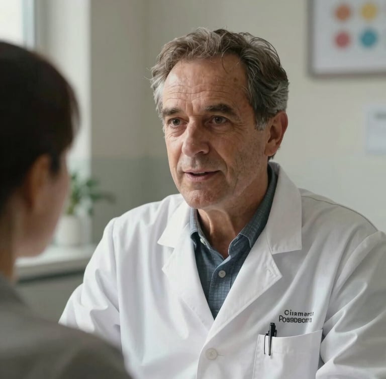 A close-up portrait of Dr. Giuseppe Porro in his warm, daylight-filled medical office, speaking reassuringly to a patient off-camera, wearing a clinical coat, soft natural lighting.