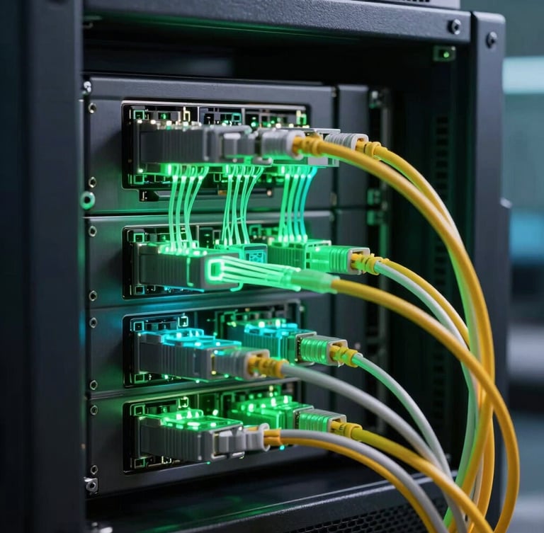 Macro close-up of a high-performance server rack in a dark control room, glowing electric green and cyan node connections, abstract data streams flowing through fiber optic cables, high contrast, deep shadows.