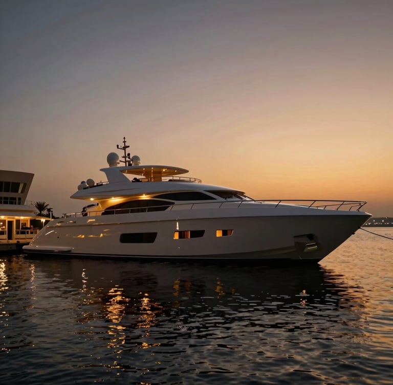 Sleek superyacht docked in Dubai Marina at twilight, warm glowing cabin lights reflecting on the dark water, cinematic luxury photography, golden hour twilight lighting, deep obsidian and gold tones, wide-angle anamorphic lens