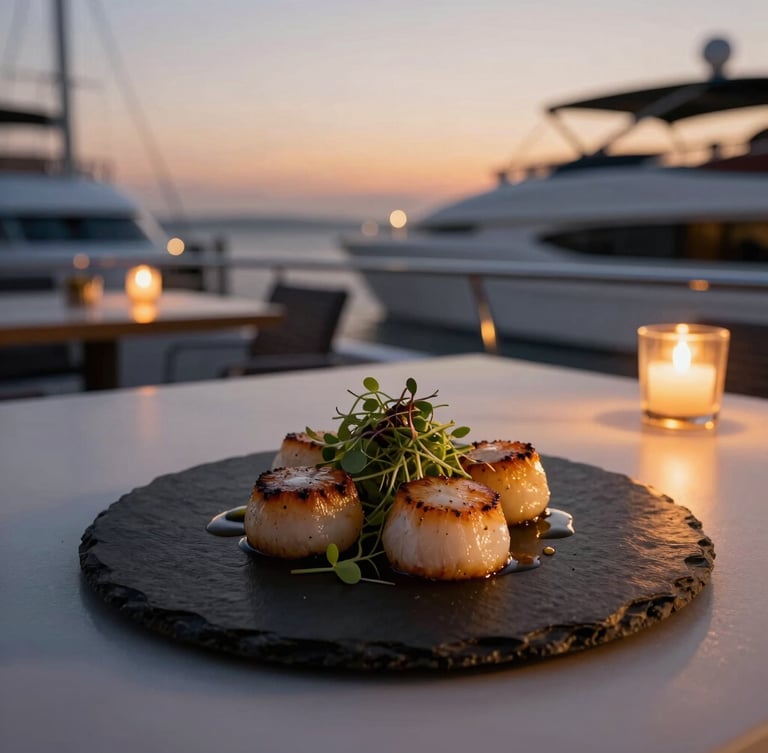 A beautifully plated gourmet dish of seared scallops and microgreens on a dark slate plate, served on an outdoor yacht dining table, warm candlelight, twilight background.
