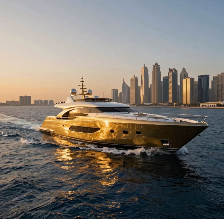 Cinematic wide-angle shot of a sleek 150-foot superyacht cutting through deep blue water at sunset, golden hour light reflecting off polished brass details, Dubai Marina skyline blurred in the background.