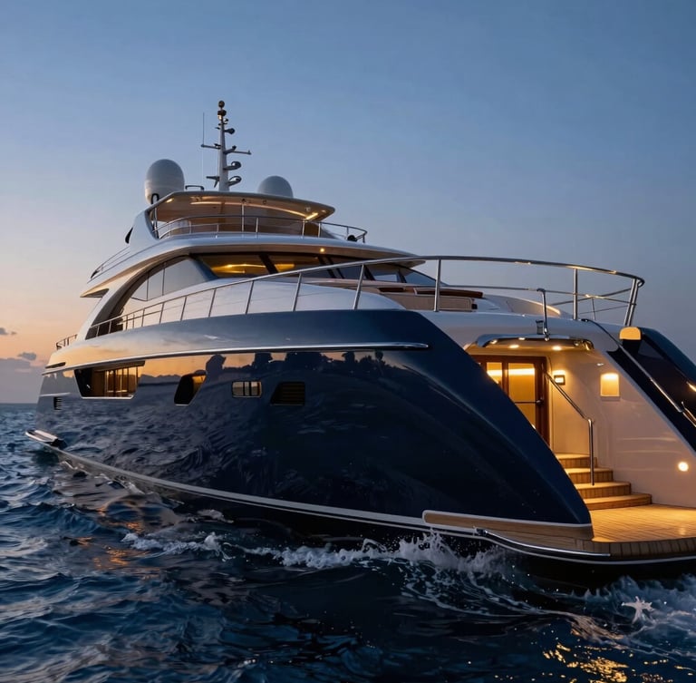 Close-up of a polished teak deck of a superyacht at twilight, glowing cabin lights, deep blue water splashing gently against the hull