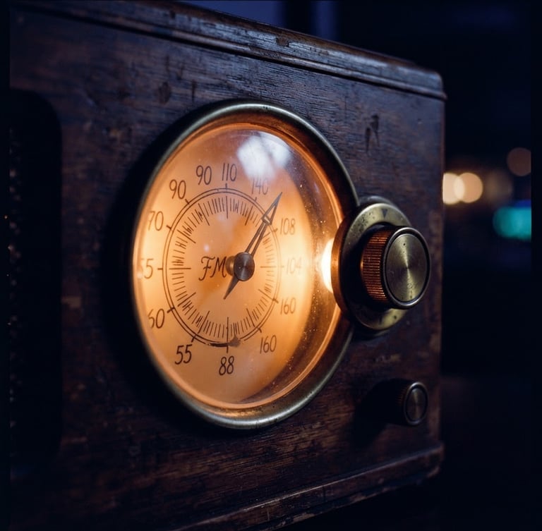Close-up detail of a vintage wooden radio dial glowing with warm orange tungsten light, dark indigo background, moody low-key 35mm film style