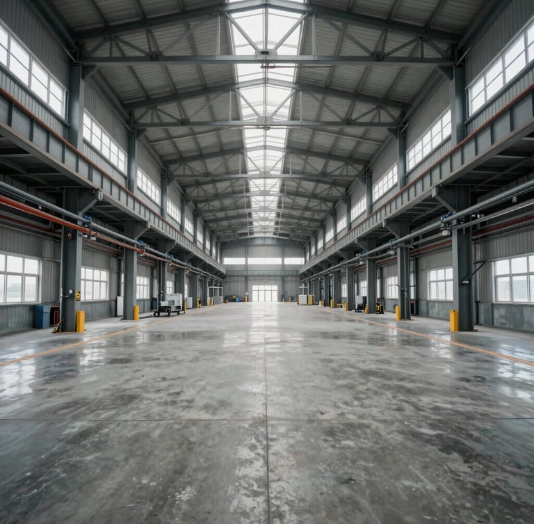 Symmetrical wide-angle interior of a modern manufacturing facility, clean concrete floor, exposed steel truss ceiling, cool daylight filtering through high windows.