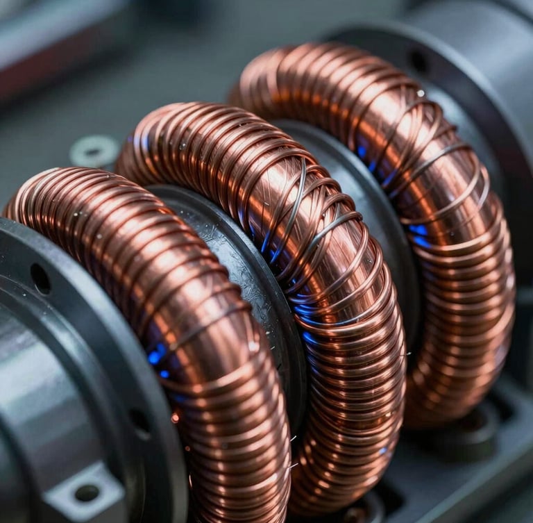 Macro close-up of heavy pure electrolytic copper windings on an industrial servo stabilizer core, cool blue highlights