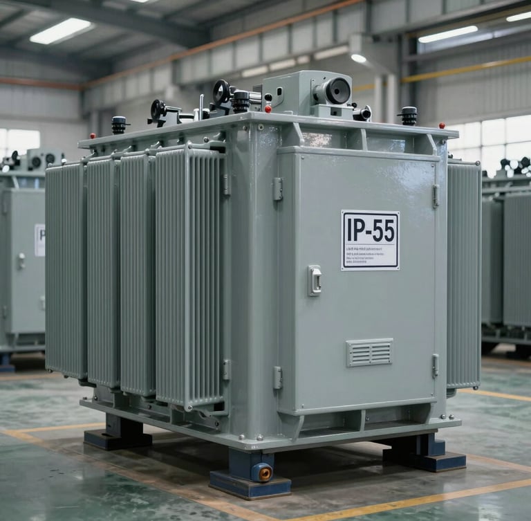 Wide shot of heavy-duty steel transformer enclosures lined up on a modern factory floor, clean industrial gray finish, IP-55 classification markings visible.