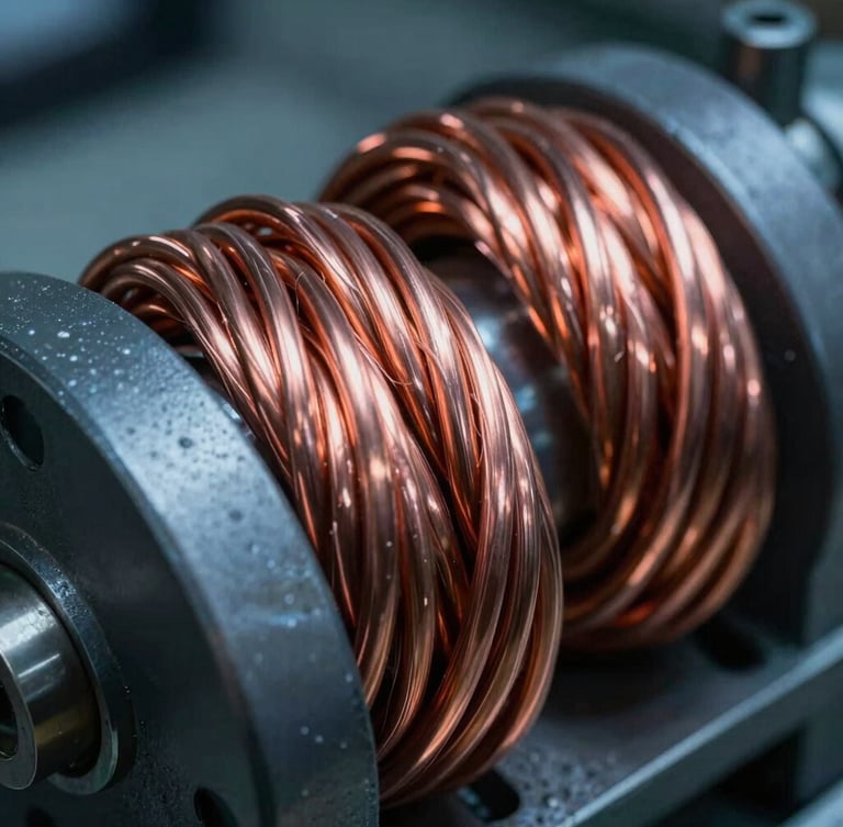 Dramatic close-up of thick, pure electrolytic copper windings on a heavy transformer core, cool blue ambient light with warm orange highlights, high contrast.