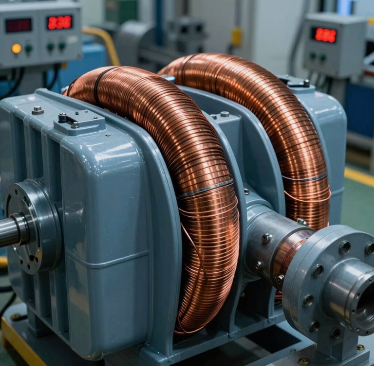 Dramatic close-up of heavy copper windings on a massive transformer core, cool blue ambient light with sharp orange highlights from digital indicator readouts, industrial manufacturing floor background, shallow depth of field.