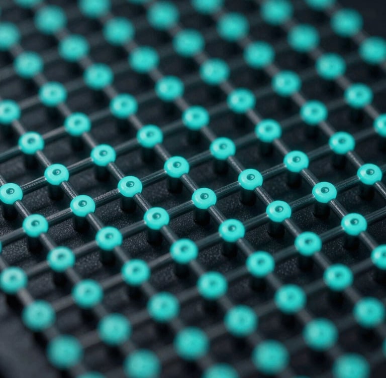 Macro close-up of a structured data matrix with glowing cyan nodes and dark slate connections, high contrast, low-key lighting, representing clinical data pipelines.