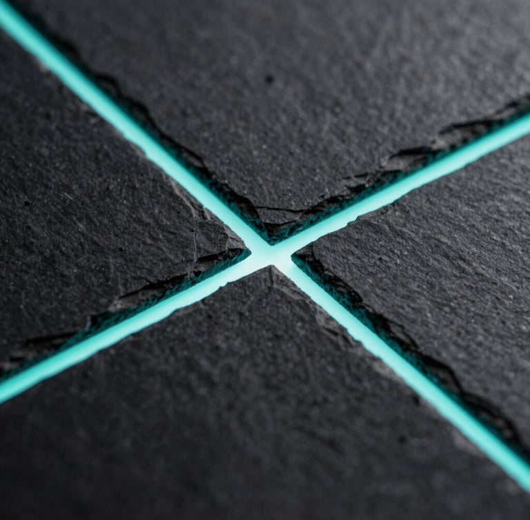 Macro photograph of structured architectural grid lines intersecting like a matrix, soft glowing cyan light leaking from the intersections, dark slate background.