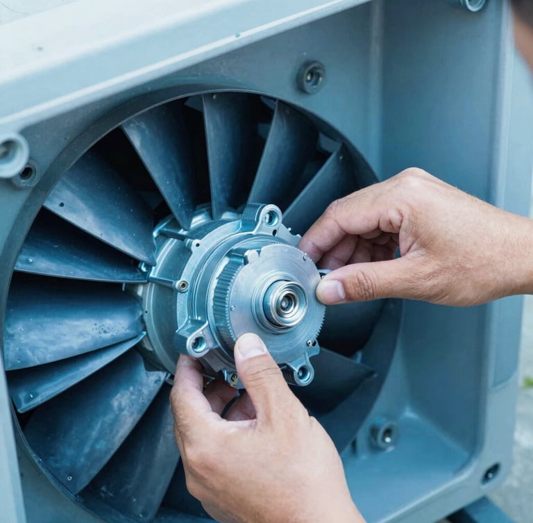 Crisp industrial photography of clean hands replacing a commercial HVAC fan motor, sharp focus, 35mm lens, metallic blue tones.