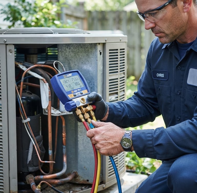 Close-up of a professional technician in a clean uniform using digital diagnostic gauges on copper AC coils of an outdoor split unit, bright natural daylight, cool blue tones, sharp focus, 35mm lens