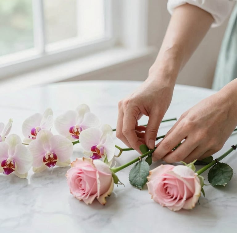 Close-up portrait of clean hands arranging fresh stems of orchids and garden roses on a light marble table, soft natural daylight, elegant editorial style