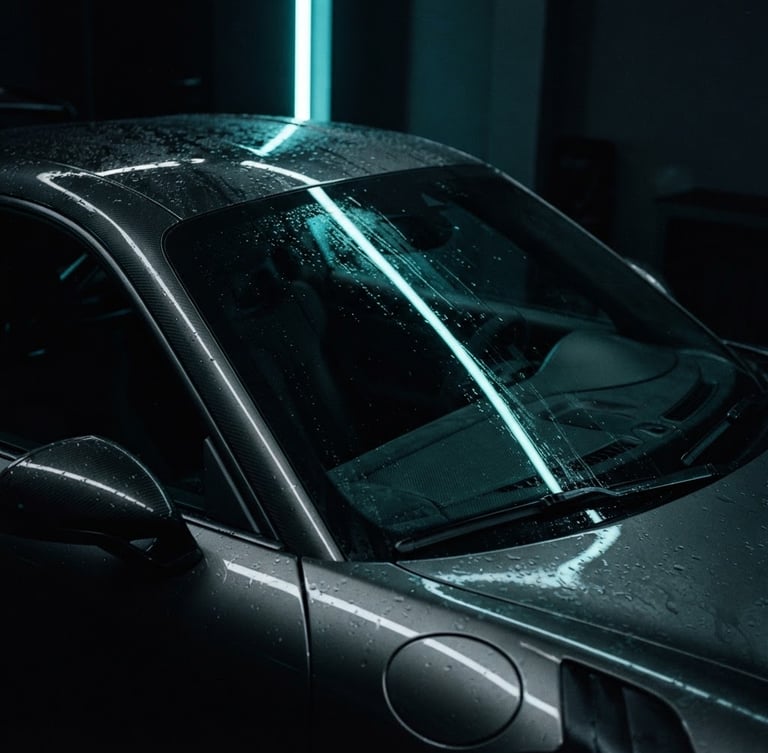 Sleek dark sports car in a moody high-contrast studio, sharp cyan neon highlights reflecting on the wet windshield, close-up, 35mm photography