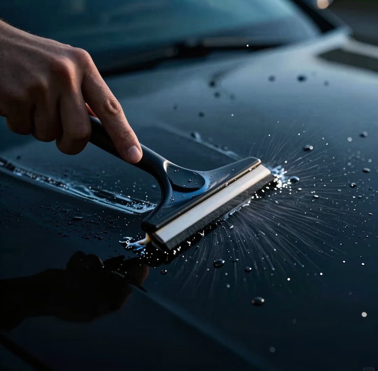 Extreme close-up of a hand applying a protective film to a car hood with a squeegee, water droplets spraying, high-contrast studio lighting, cyan tones