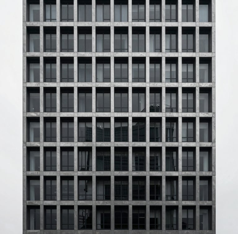 Minimalist architectural photography of a modern concrete and steel high-rise facade, cool overcast daylight, deep charcoal and silver tones, sharp focus, 35mm