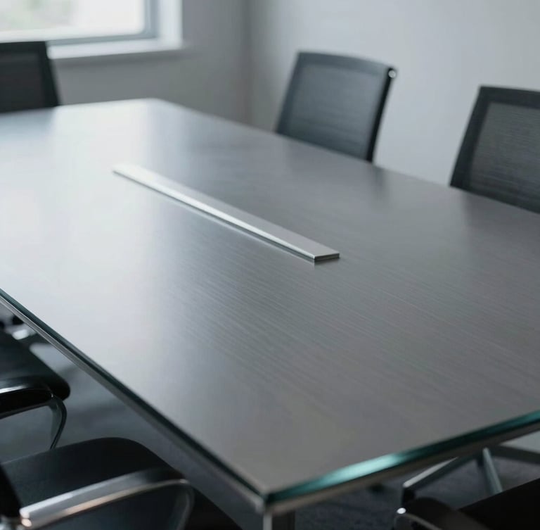 Close detailed shot of a minimalist glass and steel boardroom table, soft metallic silver reflections, cool overcast daylight, professional and quiet atmosphere, 35mm