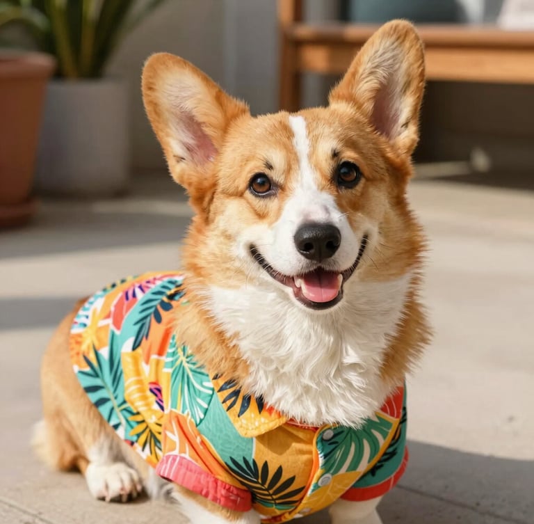 Vibrant eye-level portrait of a happy Pembroke Welsh Corgi wearing a colorful handmade tropical shirt, warm natural daylight, outdoor patio background, 35mm photography