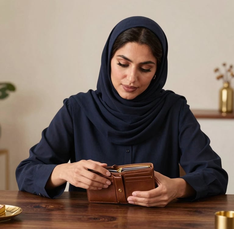 Portrait shot of Fariha Rahimi, owner of GalaxyRise LLC, meticulously inspecting a high-quality leather wallet on a dark wooden desk, soft studio light, shallow depth of field, warm gold accents, elegant and trustworthy, professional and focused.