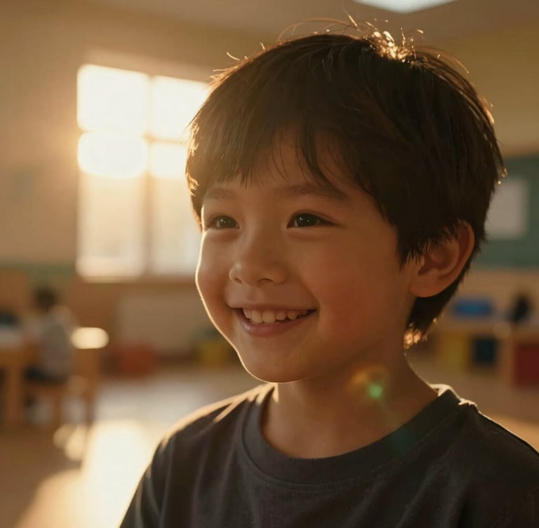 Cinematic close-up of a child smiling warmly in a newly built community center, golden sun flare backlighting, deep rich warm tones, high contrast, shallow depth of field