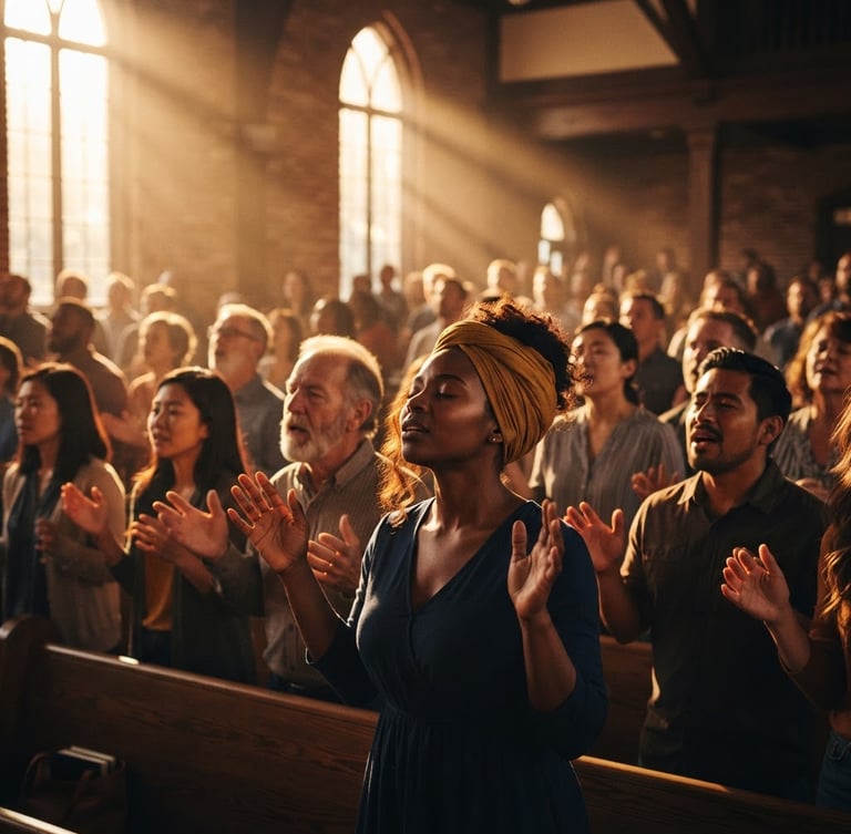 Cinematic portrait of a diverse congregation in deep worship, warm golden-hour backlighting, hands raised, soft glowing light rays, high contrast, shallow depth of field