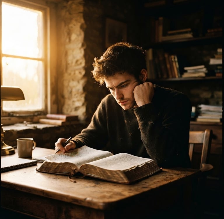 Dramatic cinematic portrait of a focused student studying a thick leather bible under warm, golden-hour window light, high contrast, shallow depth of field.