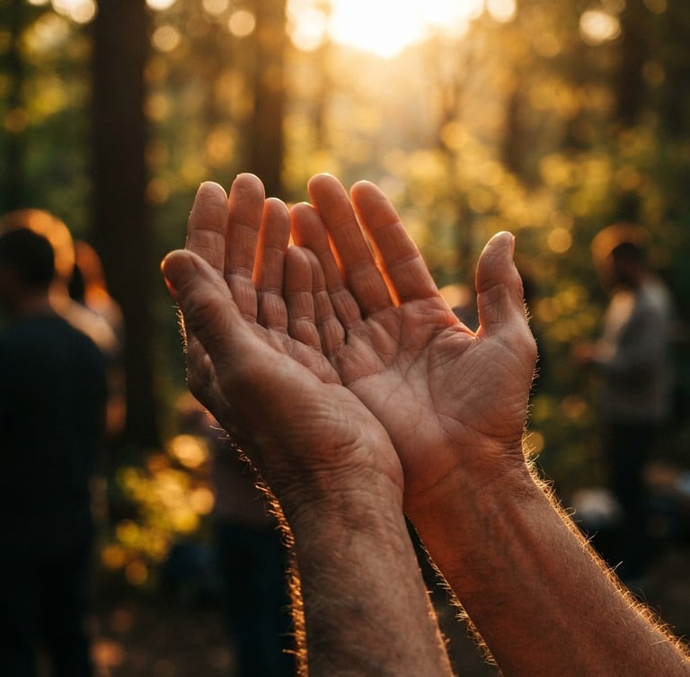 A close-up of hands held open in passionate prayer, dramatic golden-hour backlighting, deep rich warm tones, high contrast, shallow depth of field
