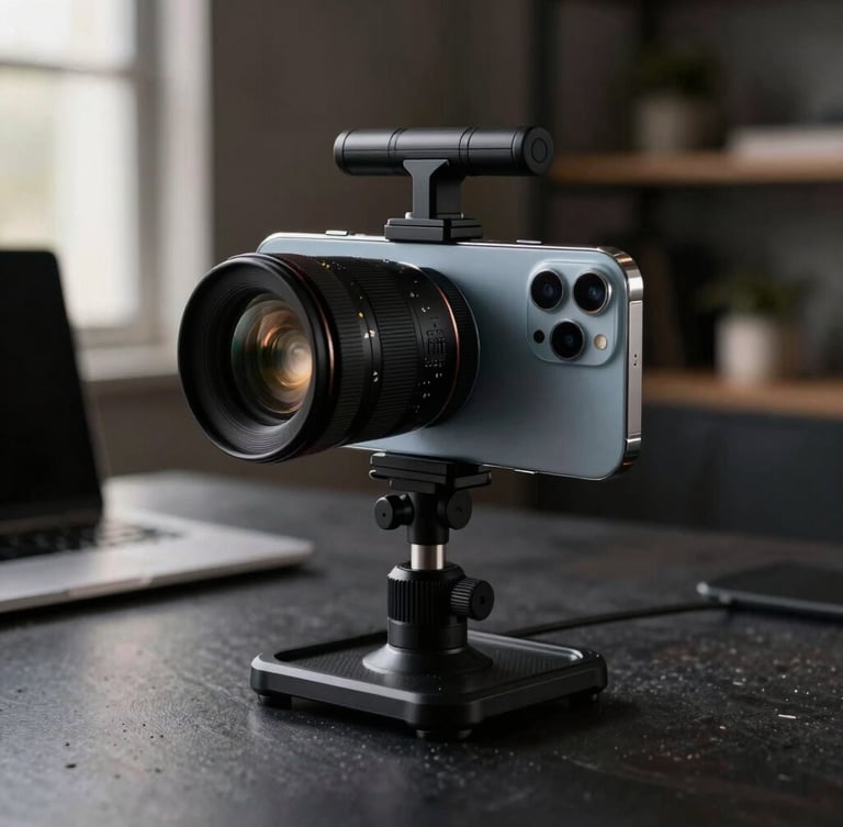 A professional camera rig focused on a sleek smartphone device, soft key lights, cozy dark workspace background