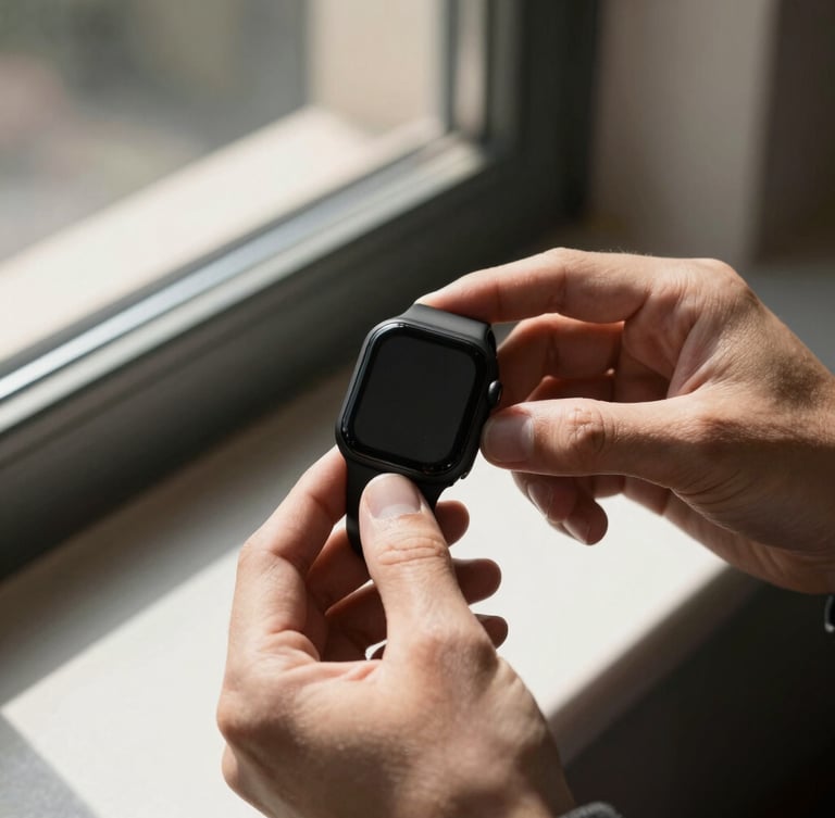 Hands unboxing a minimalist matte black smartwatch, warm natural window light, high-contrast shadows