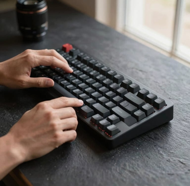 A close-up of hands adjusting a high-end mechanical keyboard under soft studio key light, dark slate background, 35mm lens.