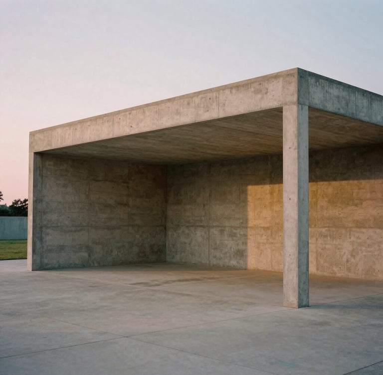 Wide-angle architectural photograph of a minimalist concrete pavilion at dawn, soft diffused light, warm organic tones, medium-format film style.